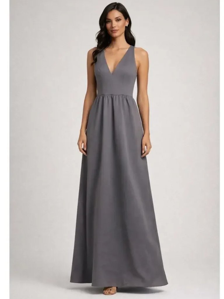 Graphite V-Neck A-Line Faille Gown Style Jacqueline Size 12